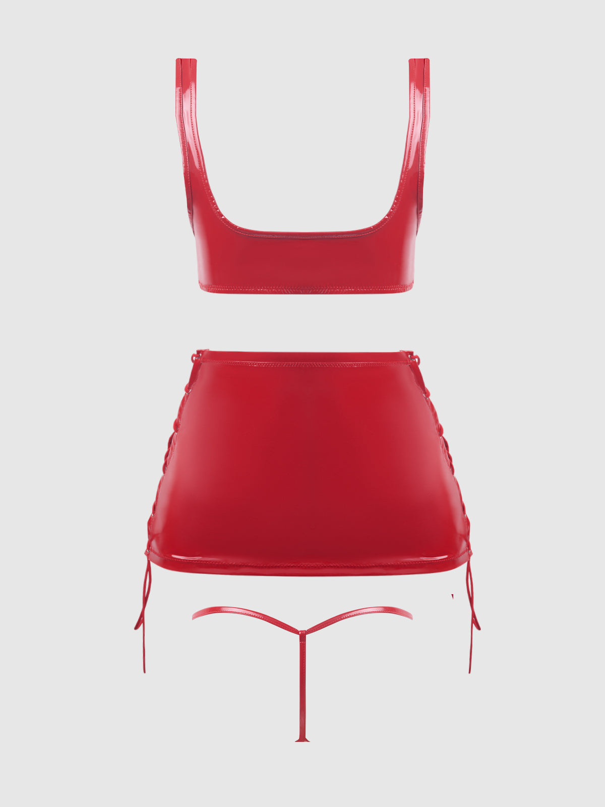 House of Desire Trinity Patent Lace Up Bralette, Skirt & G-String Set Red