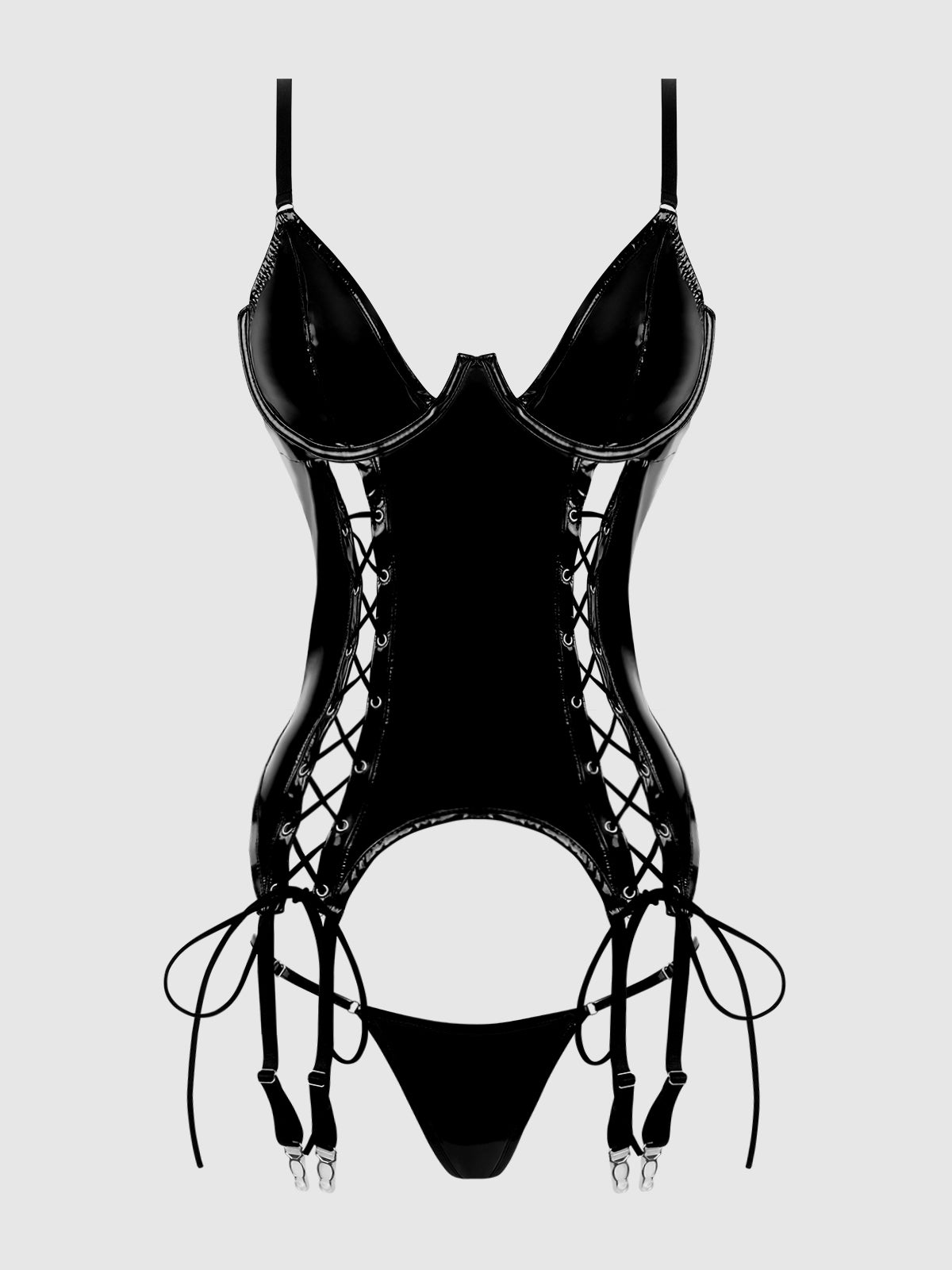House of Desire Trinity Patent Lace Up Bustier & G-String Set Black