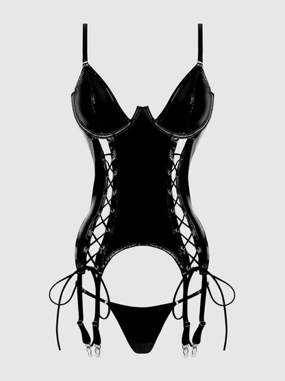 House of Desire Trinity Patent Lace Up Bustier & G-String Set Black