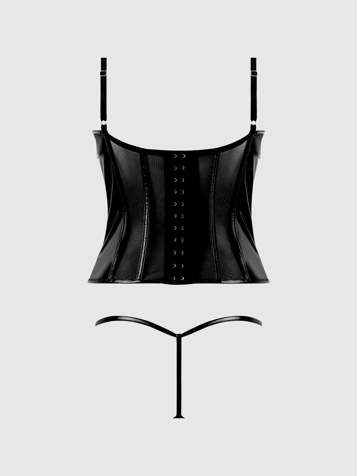 House of Desire Trinity Patent Lace Up Bustier & G-String Set Black