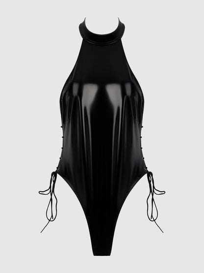 House of Desire Trinity Patent Lace Up Halter Teddy Black