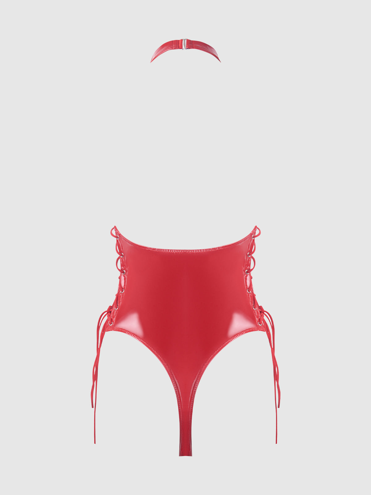 House of Desire Trinity Patent Lace Up Halter Teddy Red