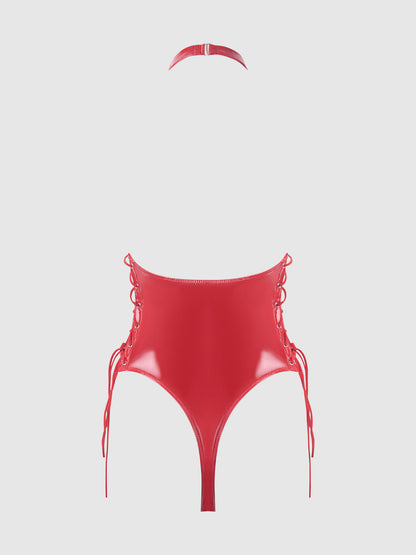 House of Desire Trinity Patent Lace Up Halter Teddy Red