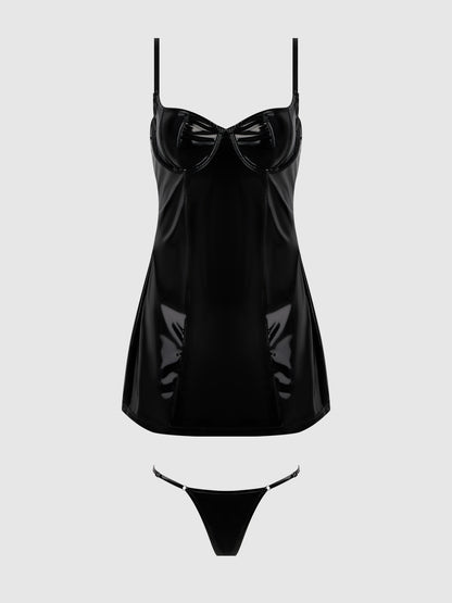 House of Desire Trinity Patent Chemise & G-String Set Black
