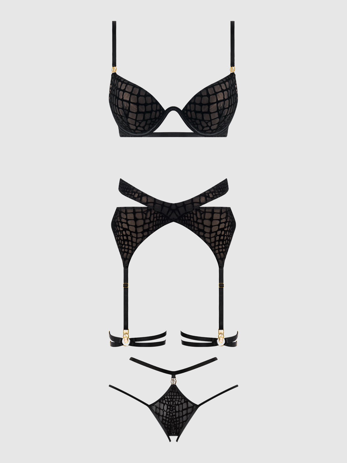 House of Desire Snake Velvet Burnout Mesh Bra Set Black