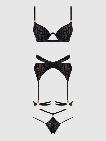 House of Desire Snake Velvet Burnout Mesh Bra Set Black