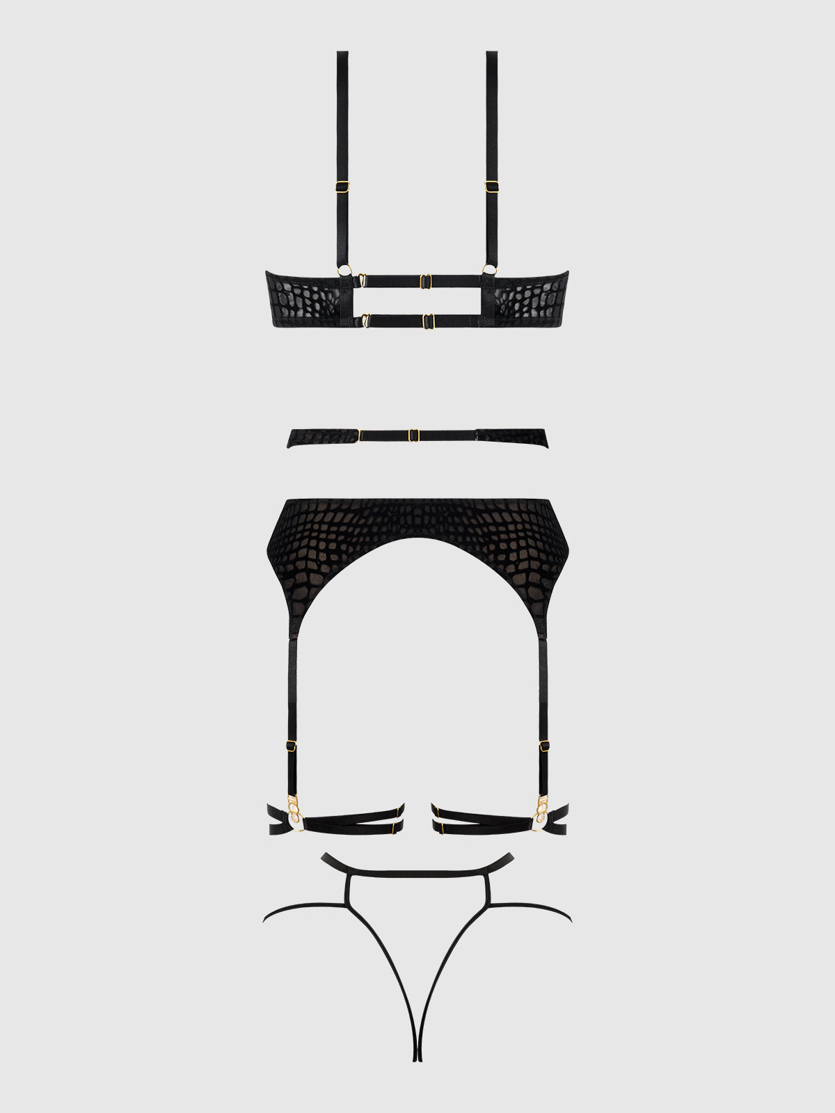 House of Desire Snake Velvet Burnout Mesh Bra Set Black