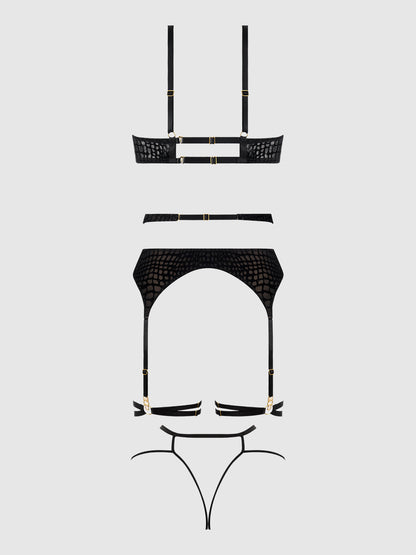House of Desire Snake Velvet Burnout Mesh Bra Set Black