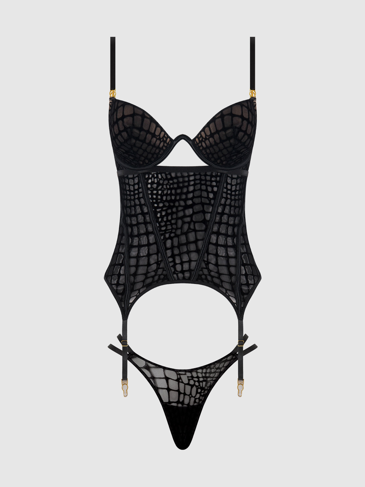 House of Desire Snake Velvet Burnout Mesh Bustier Set Black