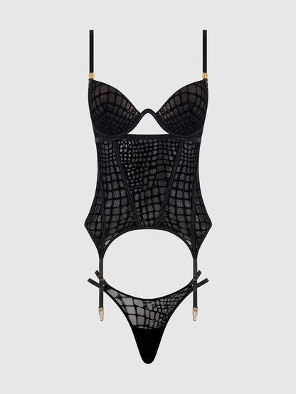 House of Desire Snake Velvet Burnout Mesh Bustier Set Black