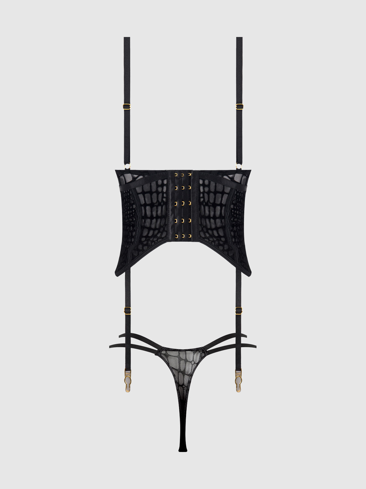 House of Desire Snake Velvet Burnout Mesh Bustier Set Black