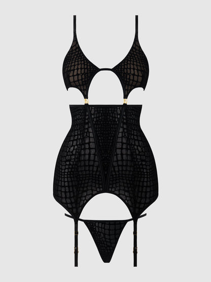 House of Desire Snake Velvet Burnout Mesh Chemise Set Black