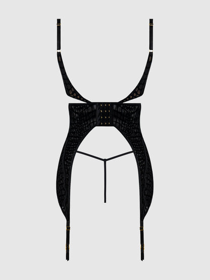 House of Desire Snake Velvet Burnout Mesh Chemise Set Black