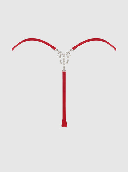 House of Desire Krystal Satin G-String Rhinestone Fringes On Back Red