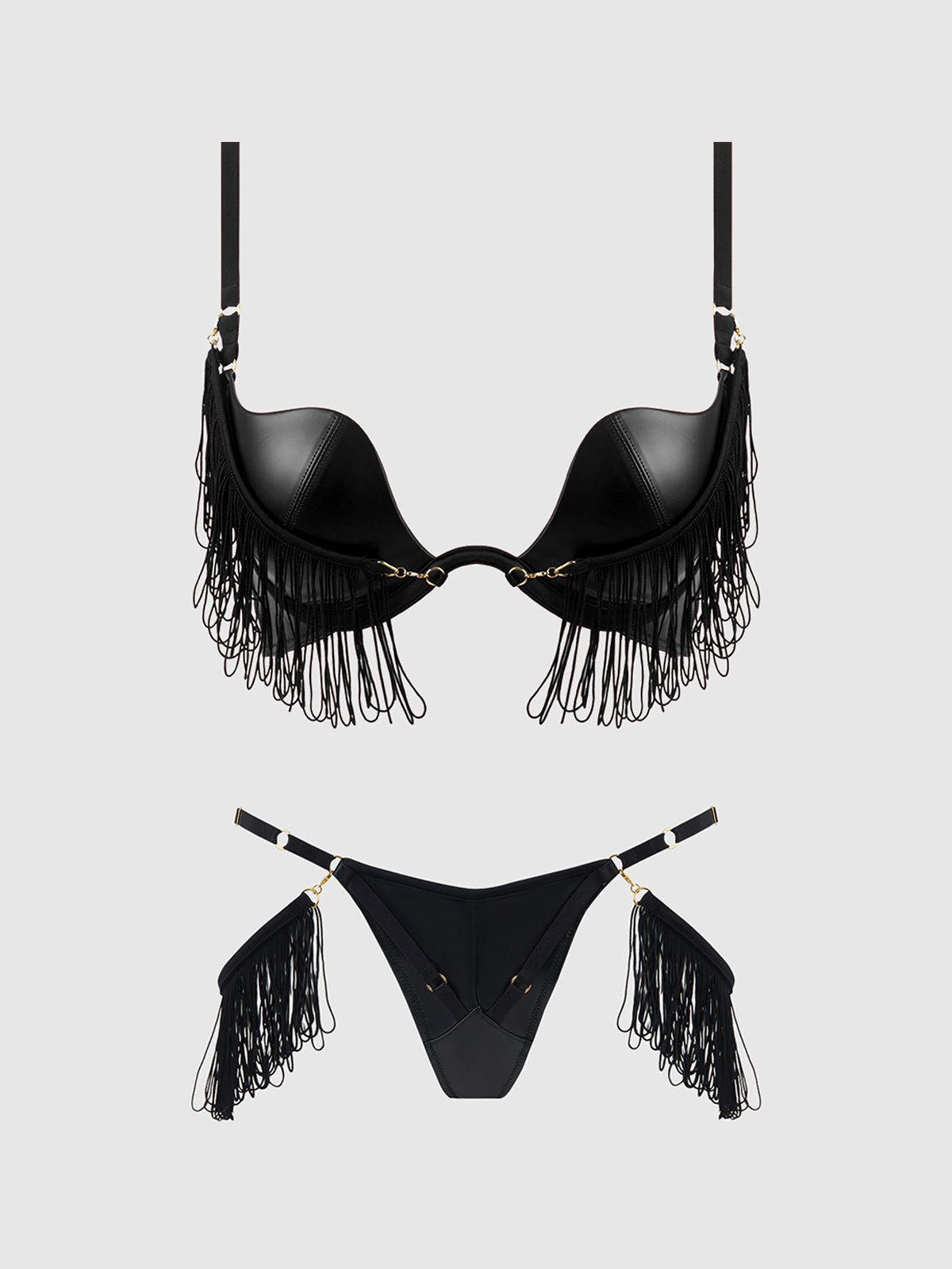 House of Desire Phoenix Faux Leather & Fringe Push Up Bra & Thong Set Black
