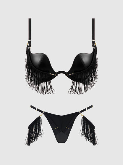 House of Desire Phoenix Faux Leather & Fringe Push Up Bra & Thong Set Black