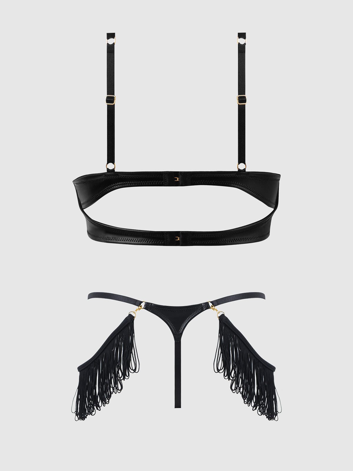 House of Desire Phoenix Faux Leather & Fringe Push Up Bra & Thong Set Black