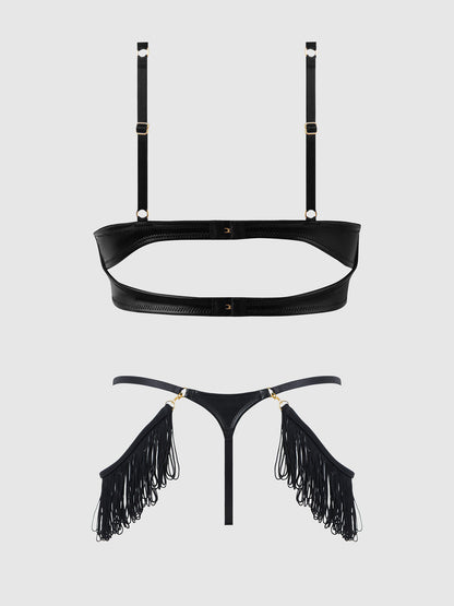 House of Desire Phoenix Faux Leather & Fringe Push Up Bra & Thong Set Black