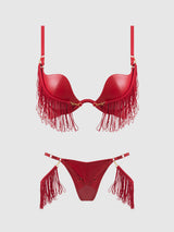 House of Desire Queen Push Up Bra & Thong Set Faux Leather Fringe Phoenix Crimson Red