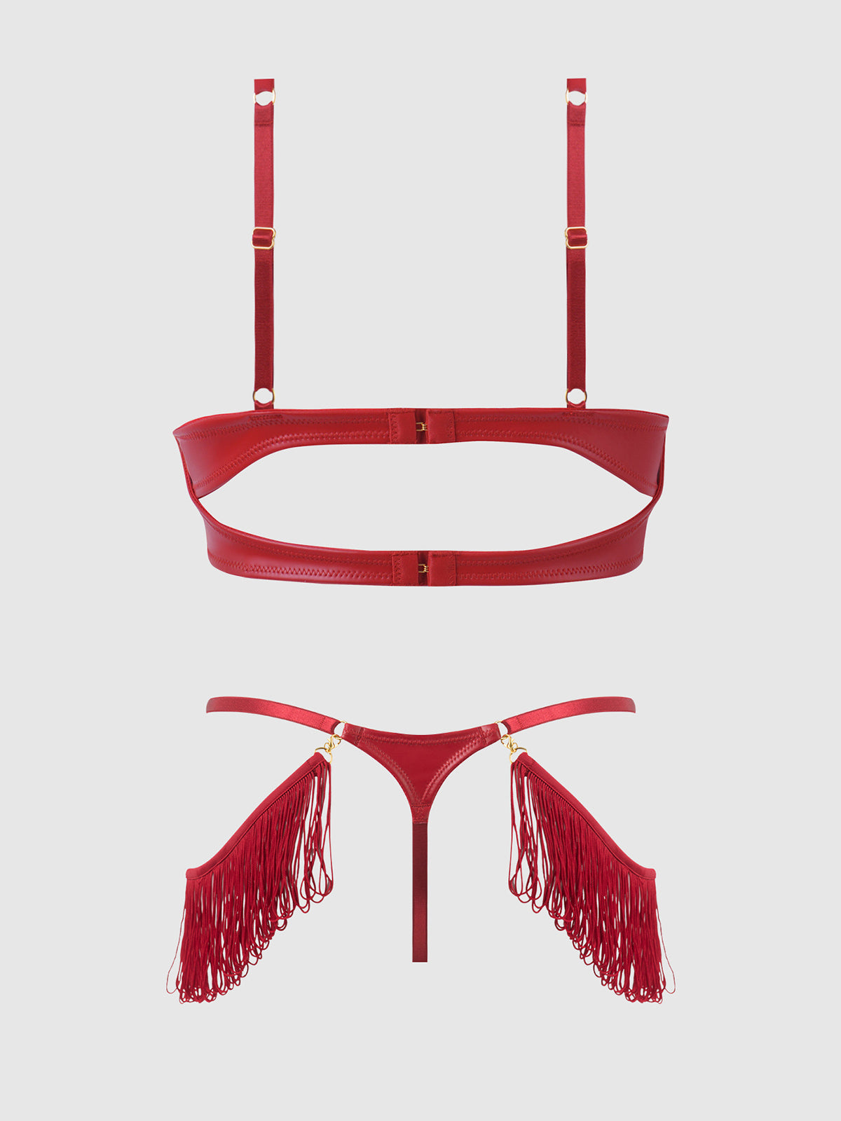 House of Desire Phoenix Faux Leather & Fringe Push Up Bra & Thong Set
