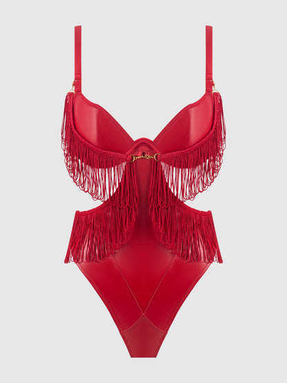 House of Desire Phoenix Faux Leather & Fringe Crotchless Teddy Crimson Red
