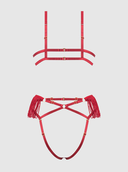 House of Desire Phoenix Faux Leather & Fringe Crotchless Teddy Crimson Red