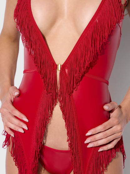 House of Desire Phoenix Faux Leather & Fringe Chemise & G-String Set Crimson Red