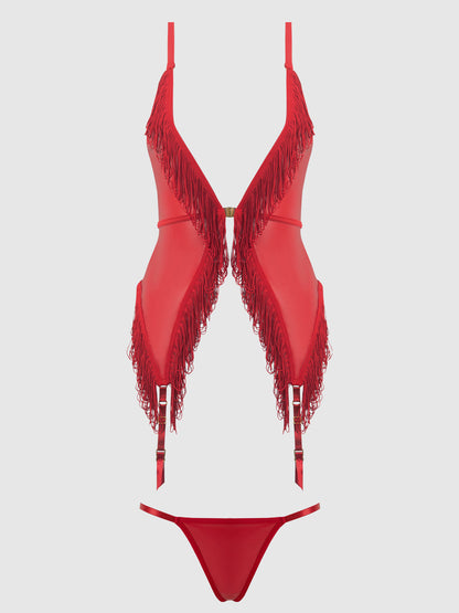 House of Desire Phoenix Faux Leather & Fringe Chemise & G-String Set Crimson Red