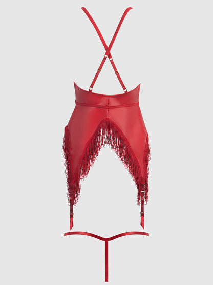 House of Desire Phoenix Faux Leather & Fringe Chemise & G-String Set Crimson Red