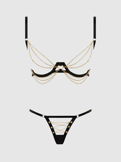 House of Desire Eve Satin & Chain Open Cups Bra Set