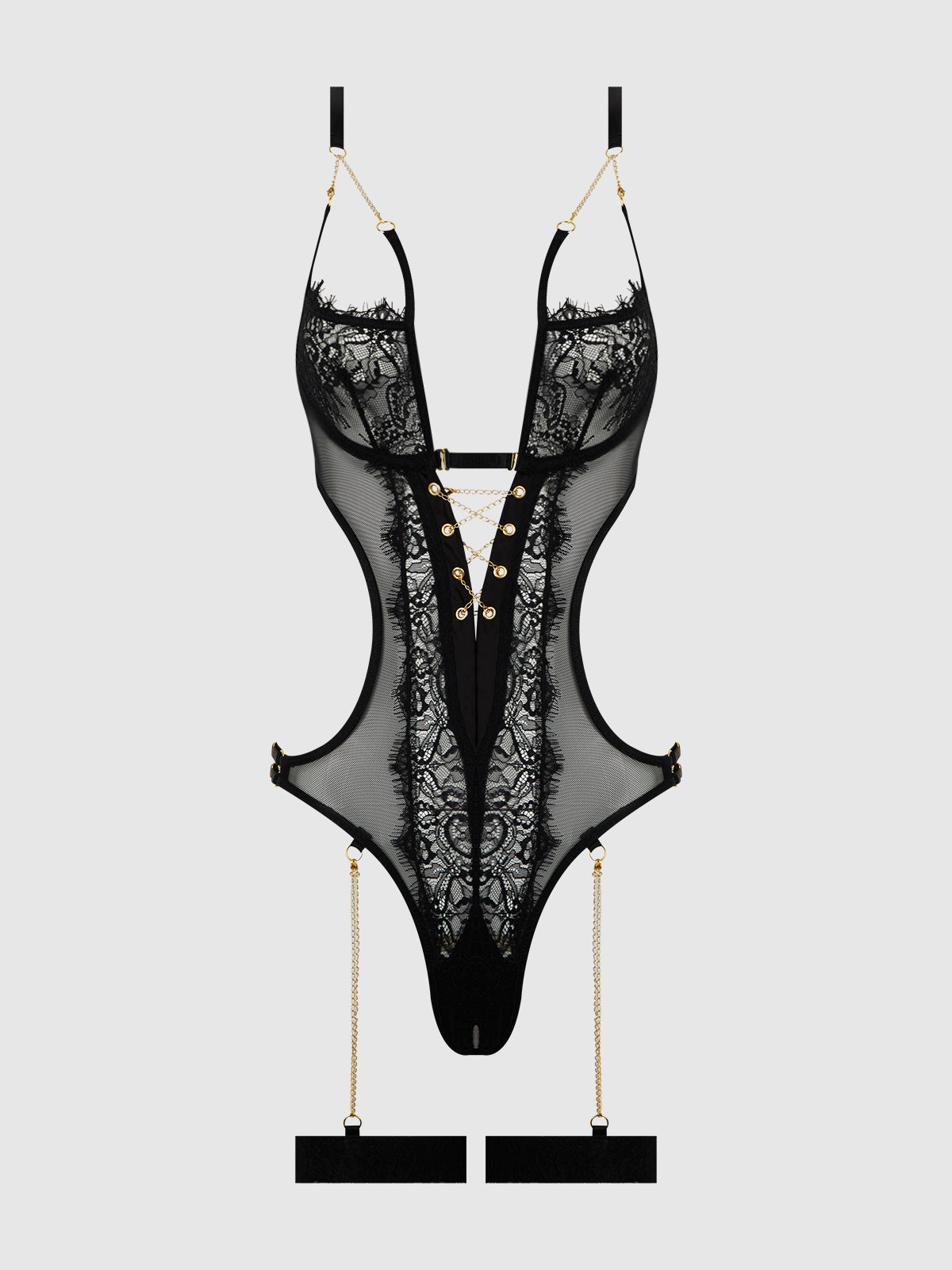 House of Desire Eve Lace & Chain Crotchless Teddy with Thigh Garters