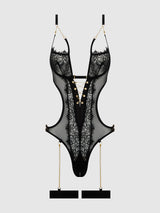 House of Desire Eve Lace & Chain Crotchless Teddy with Thigh Garters