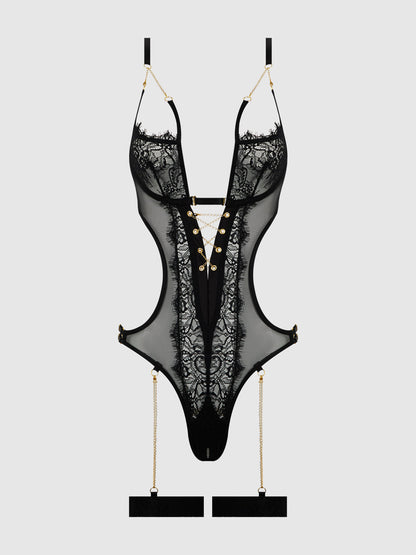 House of Desire Eve Lace & Chain Crotchless Teddy with Thigh Garters