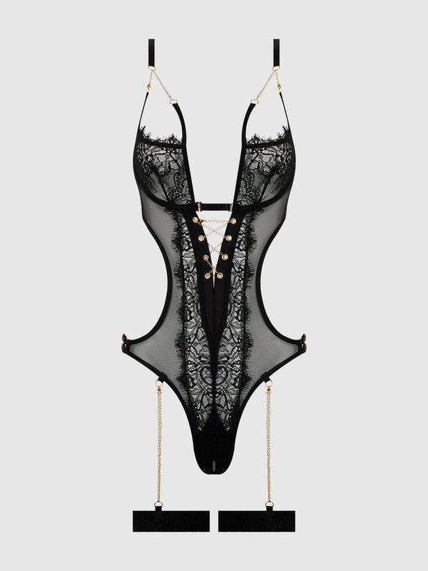 House of Desire Eve Lace & Chain Crotchless Teddy with Thigh Garters
