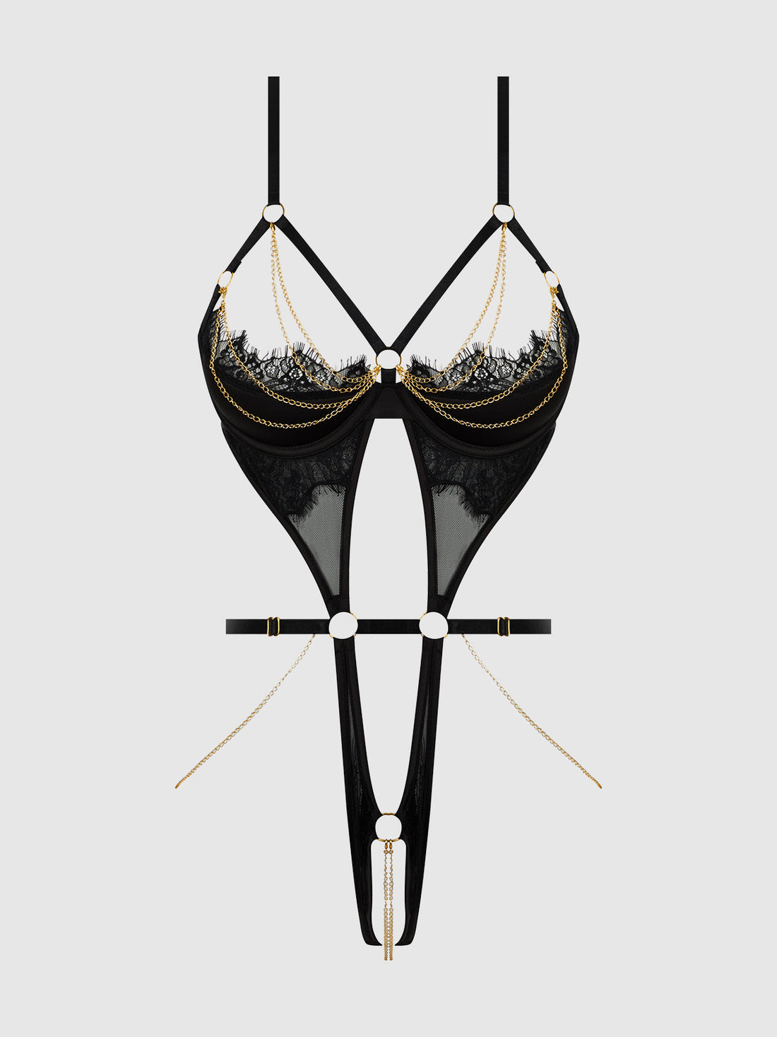 Eve Lace & Chain Open Cup Crotchless Harness Teddy