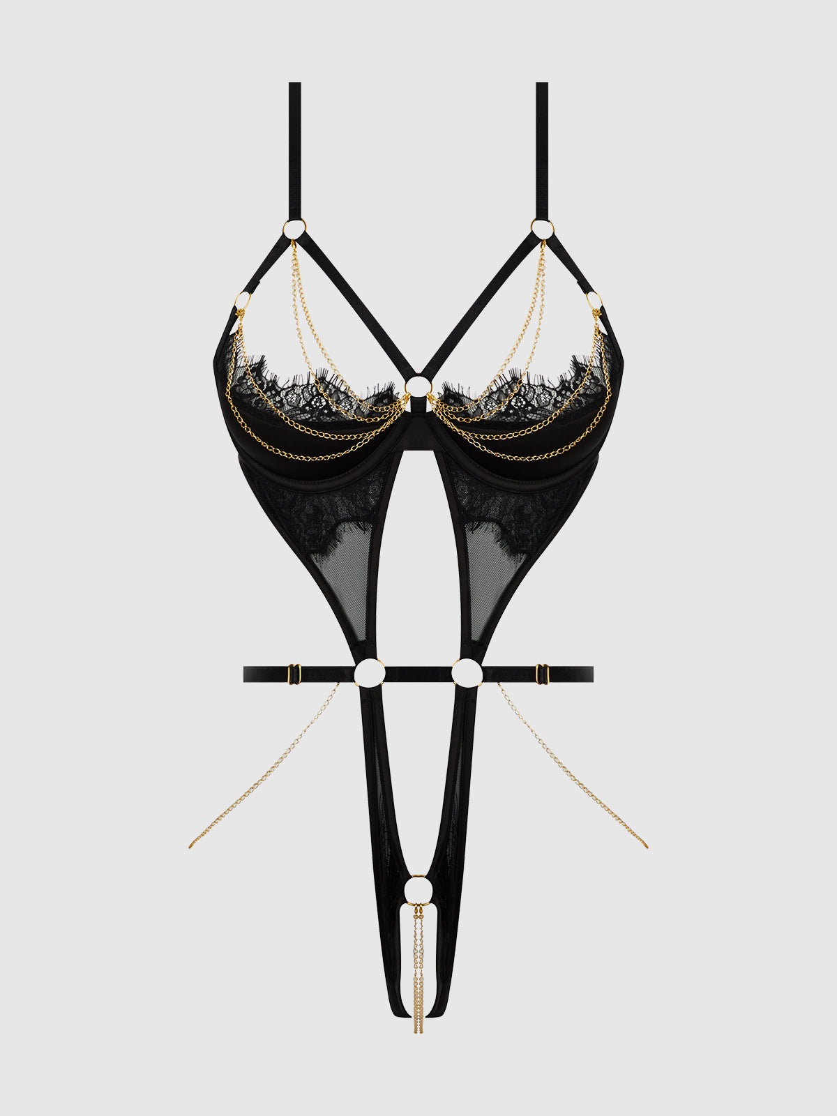 House of Desire Eve Lace & Chain Open Cup Crotchless Harness Teddy