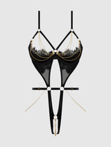 Eve Lace & Chain Open Cup Crotchless Harness Teddy