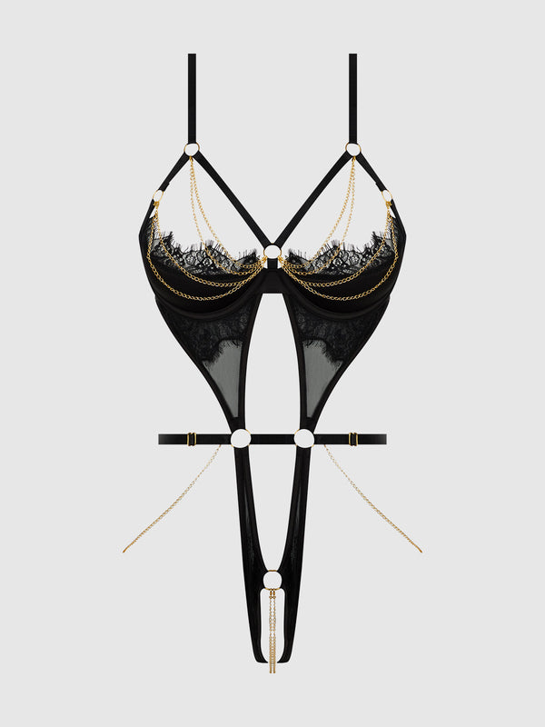 House of Desire Eve Lace & Chain Open Cup Crotchless Harness Teddy