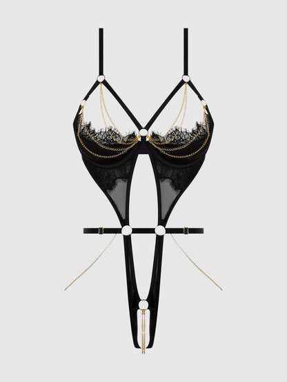 House of Desire Eve Lace & Chain Open Cup Crotchless Harness Teddy