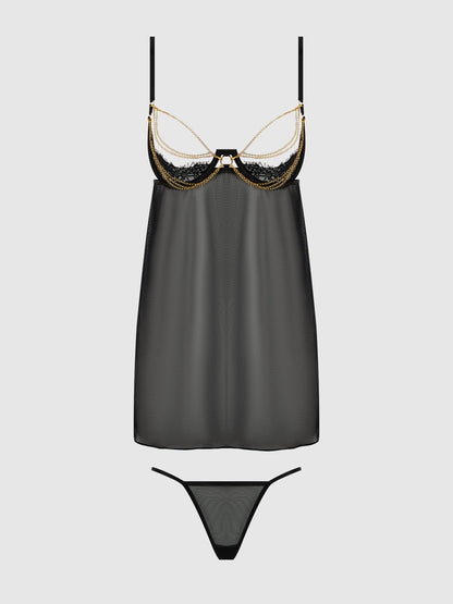 House of Desire Eve Lace, Chain & Sheer Mesh Cup Babydoll Set