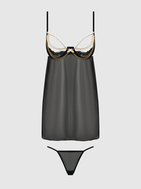 House of Desire Eve Lace, Chain & Sheer Mesh Cup Babydoll Set