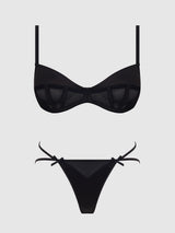 House of Desire Brigeta Satin & Mesh Corsetted Bra & Open Back Hipster Set Black - House of Desire