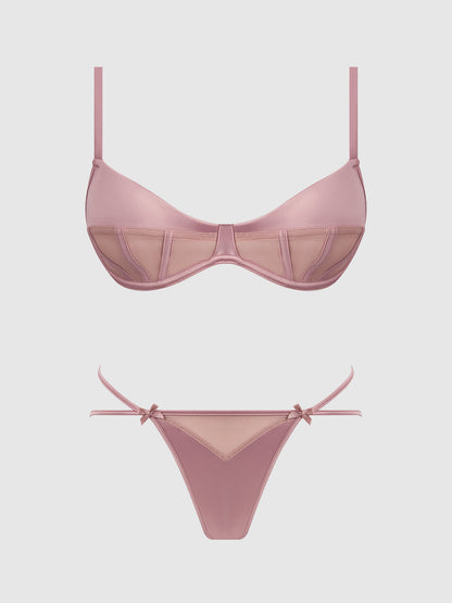 House of Desire Brigeta Satin & Mesh Corseted Bra & Open Back Hipster Set