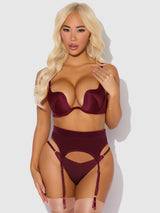 House of Desire Brigeta Satin Deep Plunge Push Up Bra, Garter & Thong Set Burgundy