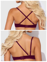 House of Desire Brigeta Satin Deep Plunge Push Up Bra, Garter & Thong Set Burgundy