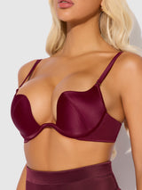 House of Desire Brigeta Satin Deep Plunge Push Up Bra, Garter & Thong Set Burgundy