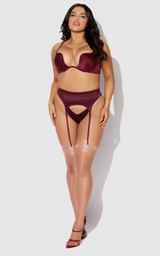House of Desire Brigeta Satin Deep Plunge Push Up Bra, Garter & Thong Set Burgundy