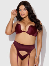 House of Desire Brigeta Satin Deep Plunge Push Up Bra, Garter & Thong Set Burgundy