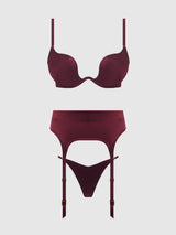 House of Desire Brigeta Satin Deep Plunge Push Up Bra, Garter & Thong Set Burgundy
