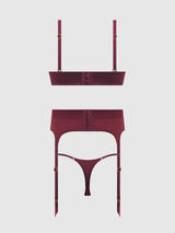 House of Desire Brigeta Satin Deep Plunge Push Up Bra, Garter & Thong Set Burgundy